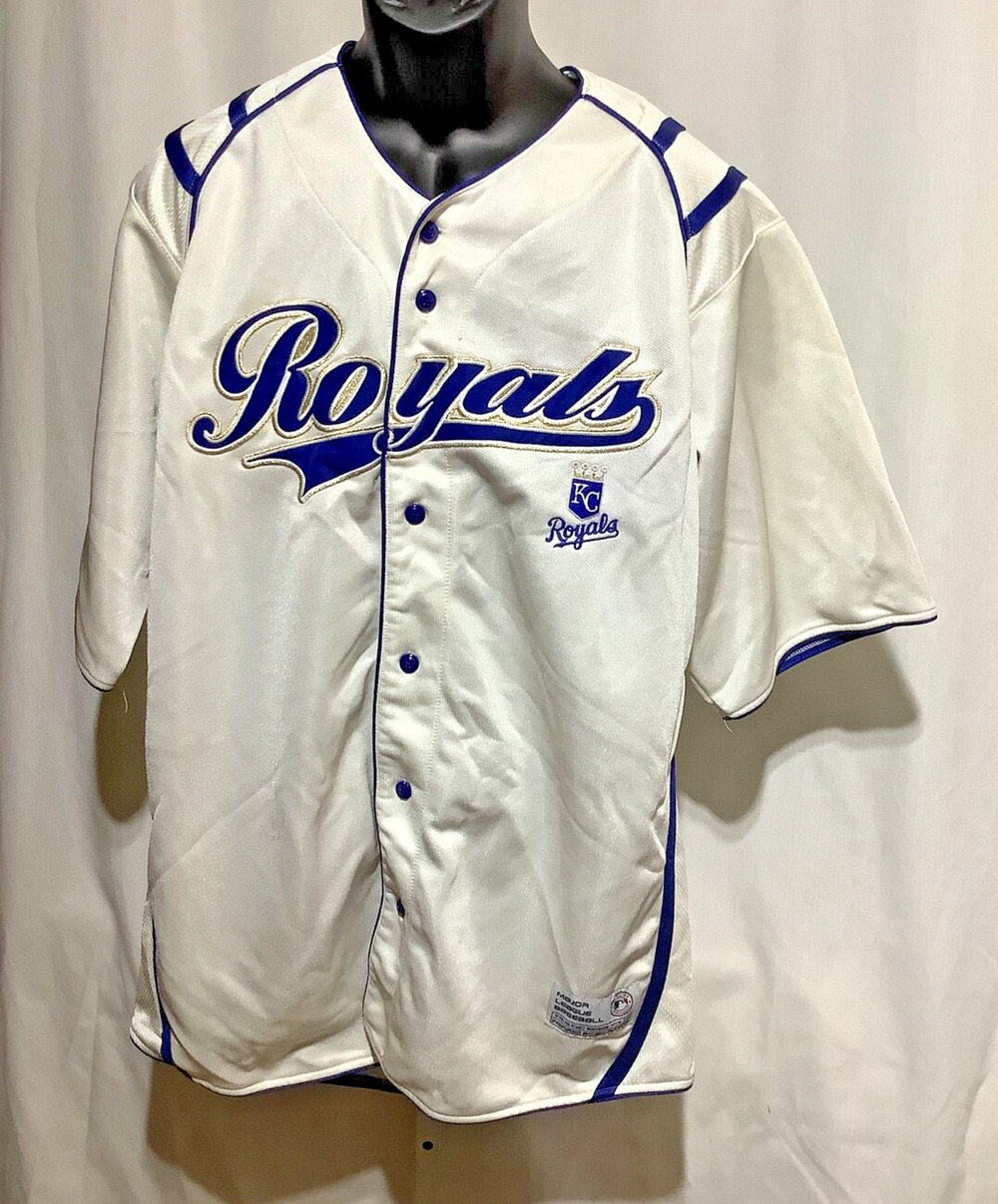 Vintage Kansas City Royals Baseball Jersey Button Front White Blue MLB Mens XL